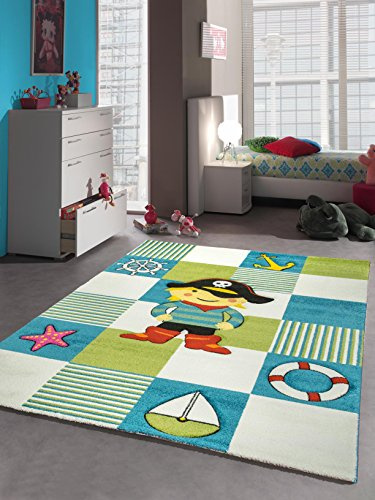 CARPETIA Kinderteppich Kinderzimmerteppich Pirat TÜRKIS BLAU Creme Größe 140 cm Quadrat