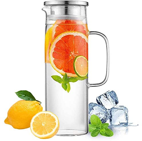 HwaGui Caraffa in vetro con coperchio in acciaio inossidabile, brocca d'acqua per tè freddo e succo di frutta 1L / 35oz