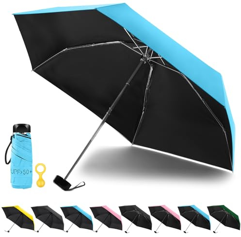 Vicloon Mini Ombrello Portatile Pieghevole, Leggero Compatto Antivento per Viaggio con Piatto Manico, Pioggia e UV Protezione UPF>50+(Blu)