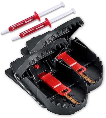 SWISSINNO Rattenfalle PRO SuperCat – 2 Fallen + 2 Köderspritzen - Wiederverwendbare und zuverlässige Rattenschlagfallen - Schlagkräftige Rattenbeseitigung ohne Fehlfänge, mit Erdbussbutter-Köder