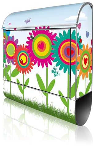 banjado Design Briefkasten personalisiert 38,5x46,5x13cm & 2 Schlüssel - Briefkasten Stahl Weiß Zeitungsfach pulverbeschichtet - Postkasten A4 Einwurf inkl. Montagematerial - Motiv Bunte Blumen