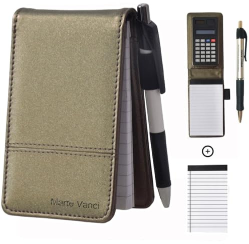 Marte Vanci Kratzpads, A7, 40 Blatt, Taschenformat, schnelle Notizen mit Taschenrechner und Stift für Händler, Einkaufen, Mini-Notizblock, PU-Ledereinband, liniert, austauschbares Papier