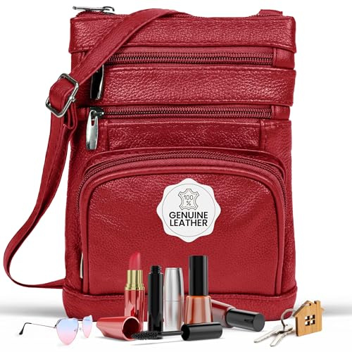 Krediz Women's Wine XL Leather Crossbody Purse with Multi Pockets and Adjustable Strap