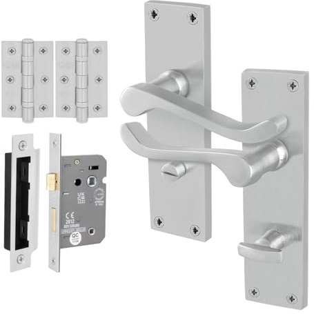 EAI Satin Chrome Door Handles with Bathroom Lock 64mm and Hinges | Complete Bathroom Kit with 1 Pair of Victorian Scroll Lever Door Handles, 64mm Bathroom Lock, Hinges, Fixings Included