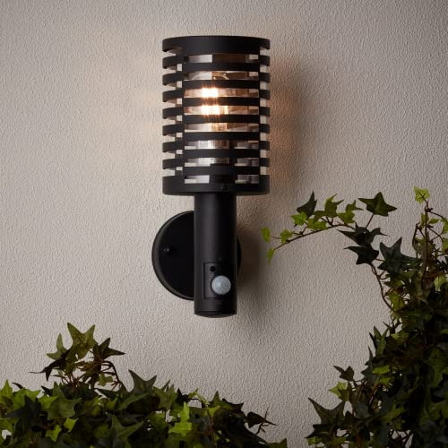 Lightbox Außen Wandlampe - 33 cm Höhe - Ø 13 cm - matt schwarze Outdoor Wandleuchte mit Bewegungsmelder - für den Hauseingang - IP44 - E27 Fassung, max. 40 W - aus Edelstahl/Kunststoff