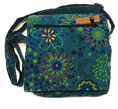 Sac à bandoulière en coton pour femme, style ethnique, bohème, Maliprint sac en satin de coton, avec rabat, hippie bohémien (evergreen)