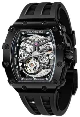 TSAR BOMBA Montre de Luxe pour Homme Montres automatiques Homme Étanche à 50 m Mouvement mécanique Japonais Tonneau Boîtier en Acier Inoxydable Verre Saphir Montre Visage Cool Unique Mode Cadeau