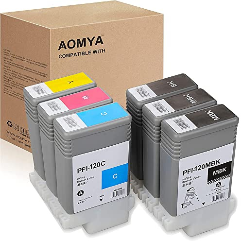 Aomya PFI-120 Nachfüll-Tintenpatrone volle Tinte mit permanenten Chips Cartridge kompatibel for Canon imagePROGRAF TM-200 TM-205 TM-300 TM-305,6 Stück pro Set,2MBK+BCMY,130ml