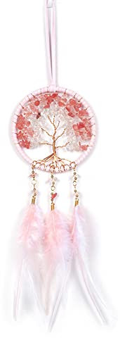 qbodp Autospiegel Hängende Accessoires Für Frauen,Ornament-Anhänger Imitierter Kristallstein,Baum des Lebens Für Auto-Rückspiegel,Rosa Feder-Traumfänger,Auto-Innenspiegel-Charms