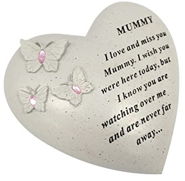 Targa commemorativa personalizzabile con cuore con 3 farfalle e gemme blu, decorazione per tomba, regalo per tomba in memoria dei tuoi cari defunti (My Mummy)