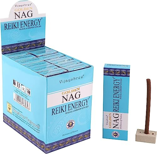 Aromasenses.- Incenso Masala Dhoops Sticks Golden Nag Reiki Energy Vijayshree - 12 Confezioni da 10 Dhoops ciascuna | Include Supporto Bruciatore. (Reiki Energy)