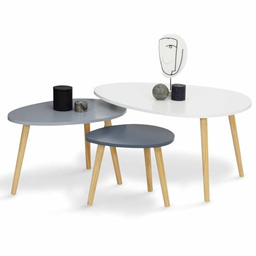 IDMarket - Set aus 3 ausziehbaren Couchtischen Gaia, weiß lackiert, skandinavisch grau