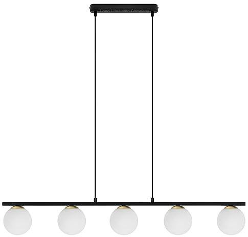 5 Lights Pendant Light Cluster Mini Glass Globe Shades Frosted Opal, Modern Black Ceiling Lamp Fixture with Brass H3086