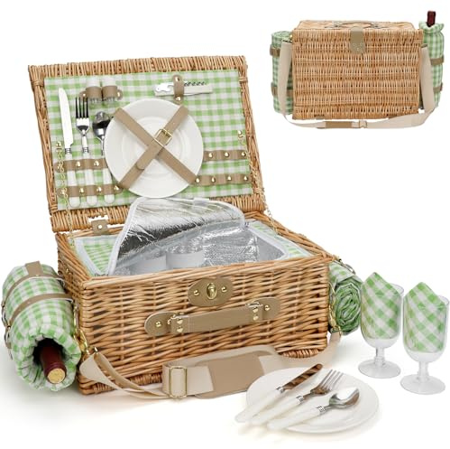 Panier de pique-nique pour 2 personnes en saule isotherme avec bandoulière, panier de pique-nique avec couverture de pique-nique imperméable, panier en osier fait à la main pour le camping en plein
