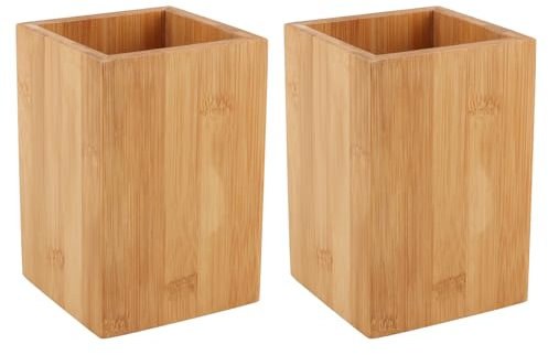 LOLYSIC 2 STÜCKE 14x10 CM Küchen-Organizer,Utensilienhalter,quadratischer Besteckständer natürlicher Bambus,für Küchenschreibtisch Aufbewahrungsstift
