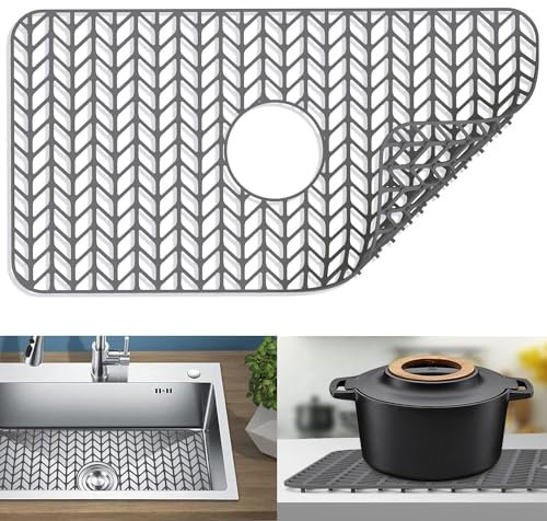 FOSFUKEER Küchen-Silikon-Spülbeckenmatte, Silikon-Spülbeckenmatte, Spülbeckenschutzmatte, hitzebeständiger Anti-Rutsch-Küchenablaufmattenschutz (grau, 66*35cm Mittelloch)