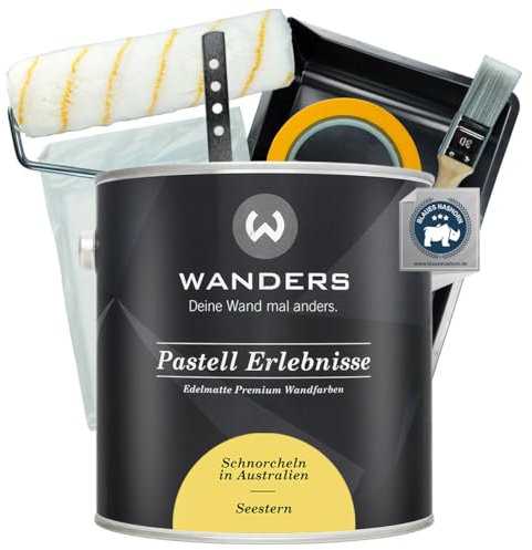 Wanders Pastell Erlebnisse Wandfarbe 2,5L (Seestern, Gelb) inkl. Streichset Basic – Premium Kreidefarbe, Leichte Anwendung, Hochdeckend, Ultramatt, Perfekt für Heim-DIY