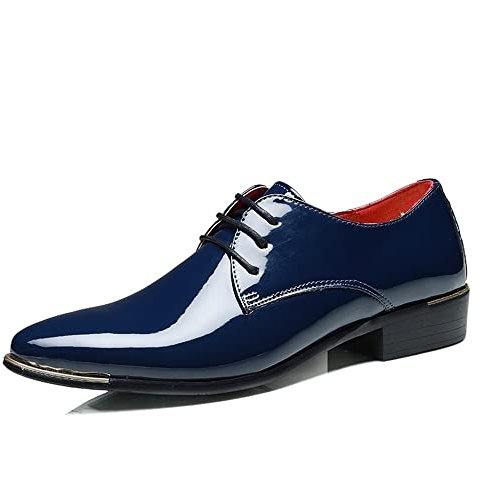 Ninepointninetynine Scarpe Eleganti da Uomo Stringate Scarpe Derby in Pelle Verniciata con Punta Liscia Lucida Tacco Largo Suola in Gomma Low Top Business (Color : Blu, Size : 43 EU)
