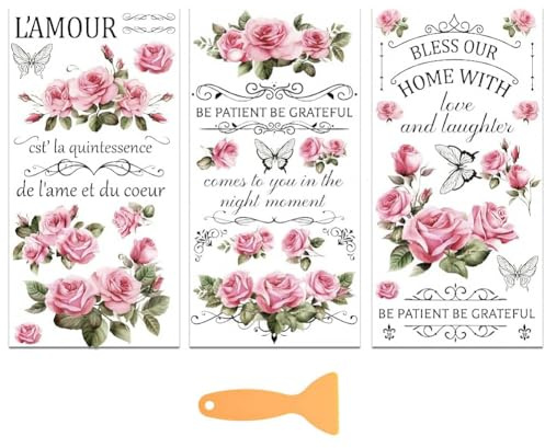 PLIGREAT 3 Blätter Reiben auf Transfers für Handwerk und Möbel Aufkleber Rose Blumen Schmetterling Aufkleber für DIY Holz Kleiderschrank Schublade Schranktür Tisch Stuhl Dekoration