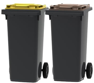 ESE France Lot de 2 Conteneurs Poubelles à déchets 2 roues - 120L - 100% Recyclé - Gris avec Couvercle Jaune et Marron - Fabriqué en France