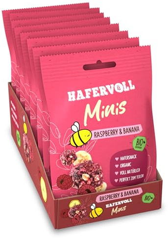 HAFERVOLL Minis Rapsberry & Banana 8x 65g - Bio-zertifiziert, mit Honig ohne Zusatz von Zucker, perfekt zum Teilen
