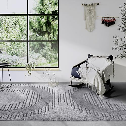 ELLE Decoration Hochflor Teppich Bartoux – Moderner Wohnzimmerteppich, Langflor Shaggy, Modernes Muster, Flauschig Weich Boho für Wohnzimmer, Schlafzimmer – Hellgrau, 120x170cm