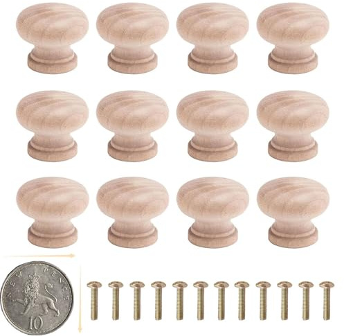 HARY Small Wooden Door Knobs, Wooden Door Knobs, 12PCS Mini Pine Handles with Screws – Durable Natural Wood Knobs for Cupboards, Drawers, Wardrobes, Cabinets & Furniture, Easy DIY Install