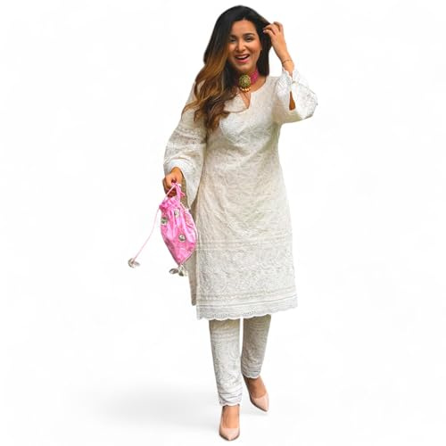 RangMahal Ensemble kurta indien fait main en pur coton pour femme Blanc, blanc, X-Large