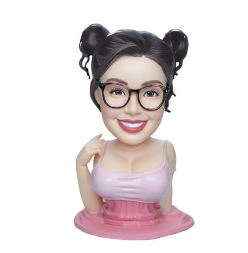 MEJELE Figura personalizada Bobblehead, mujer sonriente con gafas y bollos, escultura personalizada hecha a mano para mujer