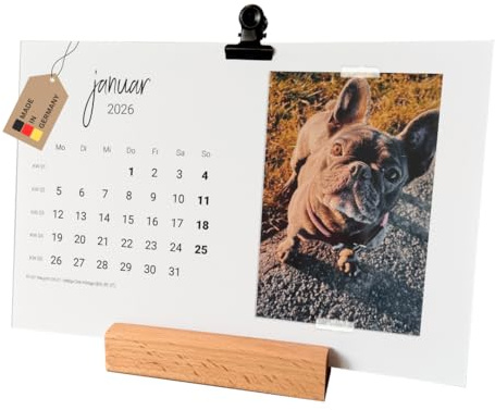 PuK Fotokalender zum selbst gestalten mit Holzsockel | Tischkalender 2026 DIN A5 Monatsübersicht | Bastelkalender mit Feiertagen und Kalenderwochen | DIY Tischkalender 2026