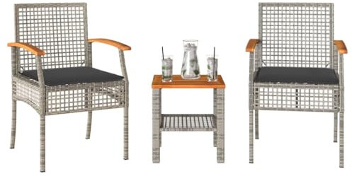 Xichuzi 3-TLG. Bistro-Set mit Kissen Grau Poly Rattan Akazienholz, Gartenset Tisch Und Stühle, Balkon Möbel Für Kleinen Balkon, Terrassenmöbel, Balkonset, Balkonmöbel, Möbelsets - 366260