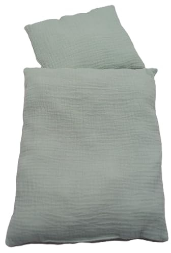 Puppen Bettwäsche Set aus Musselin Baumwolle, Decke 32h x 26b, Kissen 16h x 20b. Handgefertigt, Waschbar (Salbei)