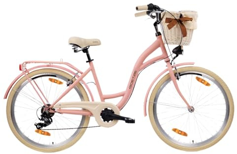 Goetze Mood 26 Zoll Jugendfahrrad, 17 Zoll Tiefeinsteiger Stahlrahmen, 6-Gang Kettenschaltung, doppelte V-Bremsen, LED-Beleuchtung, Rattankorb, Komfortsattel, mit Seitenständer & Klingel