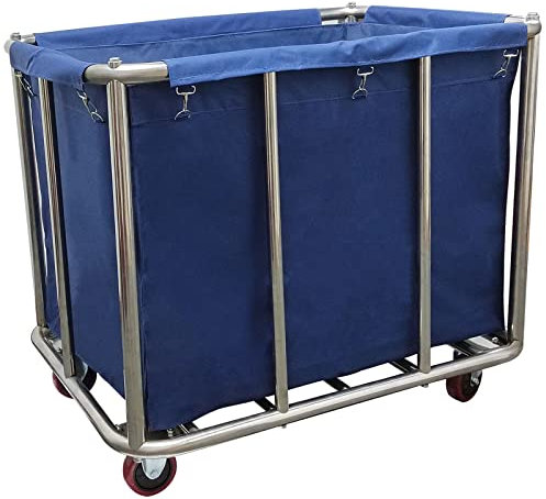 PYCJNFC Robuster Wäschewagen aus Edelstahl für den gewerblichen Gebrauch, mit Rädern und abnehmbarem, wasserdichtem Korb aus Segeltuch, 11,35 Scheffel, große Wäscherolle, blau, 10 Röhren