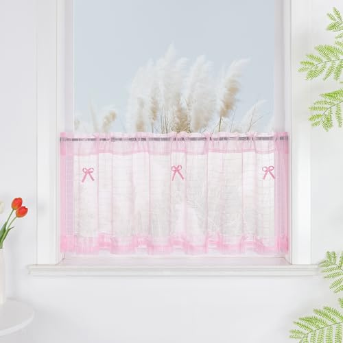 Yujiao Mao Scheibengardine, kleines Fenster, transparent, Rosa, mit Schleife, 1 Stück, moderner Stil, für Küche, Kinderzimmer, Wohnzimmer, Breite 140 x 30 cm