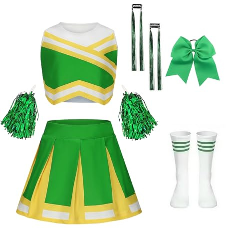 yecwkaz Costume da Cheerleader per Ragazze, Vestito Cheerleader Bambina Cheerleading Outfit con pompon, calze, parrucche per Halloween Carnevale Evento Sportivo,Green 130cm