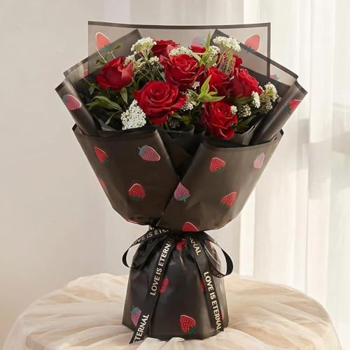 14 Stück Mattes Weiß und Schwarz Papier für Blumenstrauß Blumenpapier Verpackung mit Erdbeermuster TUIOLUI Blumen Geschenkpapier Wasserdicht Papierblumen- 58x58 cm