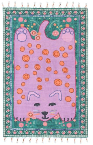 RugVista Lo Cat Embroidery Kinderteppich, 120 x 180 cm, Rosa/Multi | Moderne, Kinder, Rechteckig, Mittlerer Stapel, Nur chemische Reinigung, Ohne gefährliche Chemikalien, Kinderzimmer