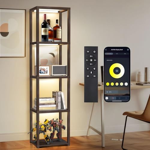 OUTON 170cm Vetrina in Vetro con Luci, Lampada da Terra a LED Dimmerabile con Telecomando e Controllo via App, Libreria Aperta per Oggetti da Collezione per Soggiorno e Camera da Letto, Noce