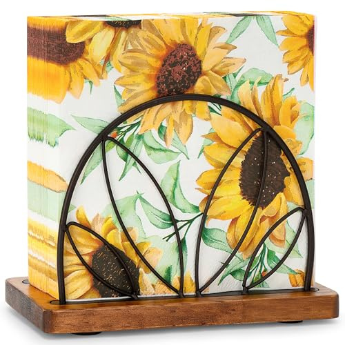 SUNNEKO Metal and Wood Napkin Holder for Tables, Standing Serviette Holder with Wooden Base for Square Paper, for Kitchen Cocktail Bar Dinning Countertop