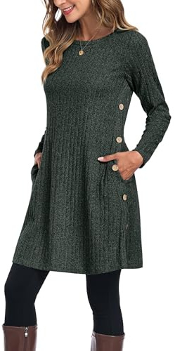 GRECERELLE Womens Winter Jumper Dresses Ladies Fall Casual Crew Neck Tunic Knitted Long Sleeve Dress with Pockets Side Buttons (Dark Green, M)