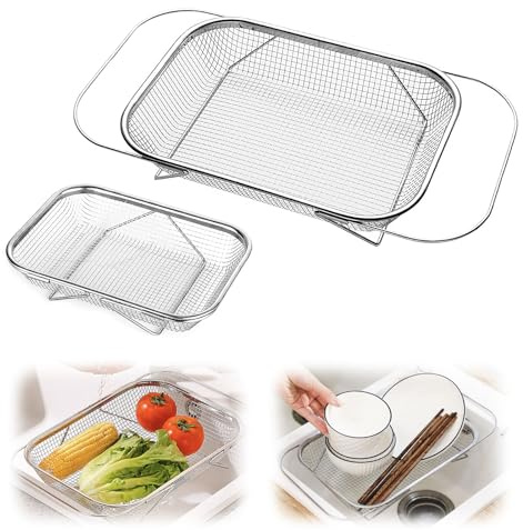 upgrade over the sink mesh colander expandable strainer stainless steel vegetable basket for kitchen sink (45.5 * 24.5 * 8cm)