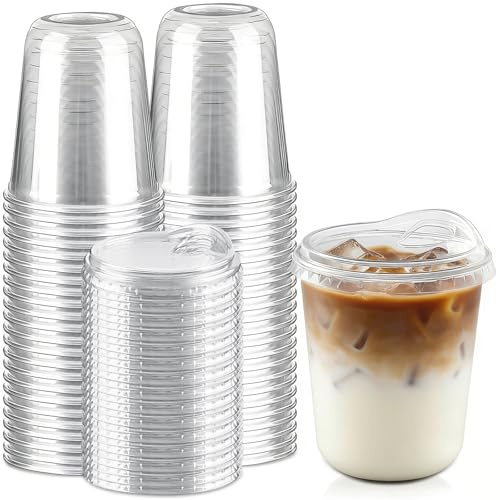 Qeirudu 14 Oz Clear Plastic Cups with Strawless Sip Lids, 50 Pack Disposable Iced Coffee Cups Round Bottom To Go Cups for Cold Drinks, Smoothie, Juice, Milkshake