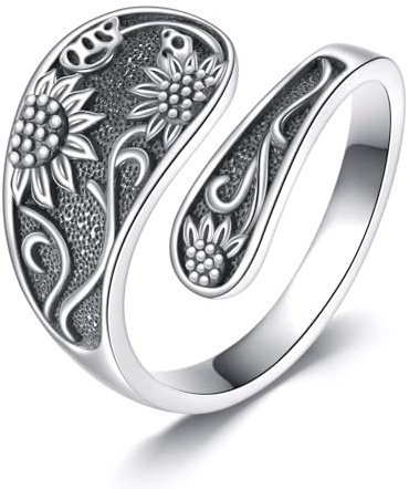 YAFEINI Sunflower Spoon Ring 925 Sterling Silver Vintage Adjustable Flower Spoon Thumb Ring Jewelry Gift for Women Mom