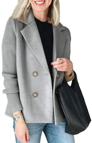 FUPODD Jacke Damen Winter Kurz Elegant Blazer Tweed Übergangsjacke Business Herbstjacke Patchwork Strickjacke Zweireihig Mantel Sakko Wollmantel Frauen Anzug Damenjacke Trenchcoat Revers Damenmantel