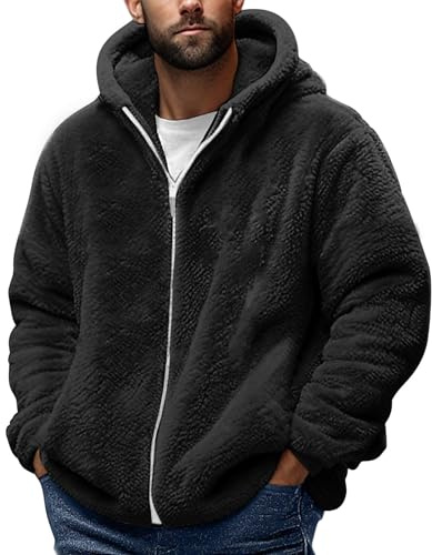 Mens Teddy Fleece Hoodies Full Zip Warm Sherpa Fleece Soft Fluffy Hooded Sweat Jackets Casual Comfy Thermal Thick Fall Winter Coats fleeces hoodie blanket Black 4XL