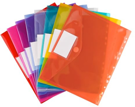 6 Stück Kunststoffhüllen, gelocht, A4, transparente Farben, verschiedene Farben, Klettverschluss, wasserdichtes Etikett, Maße 24 x 31 cm, für A4-Format