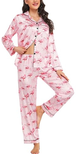 SWOMOG Women's Pyjama Set Silk Satin Long Sleeve Button Down Pyjamas Two Piece Comfy Sleepwear and Loungewear Set Fuchsia Pink