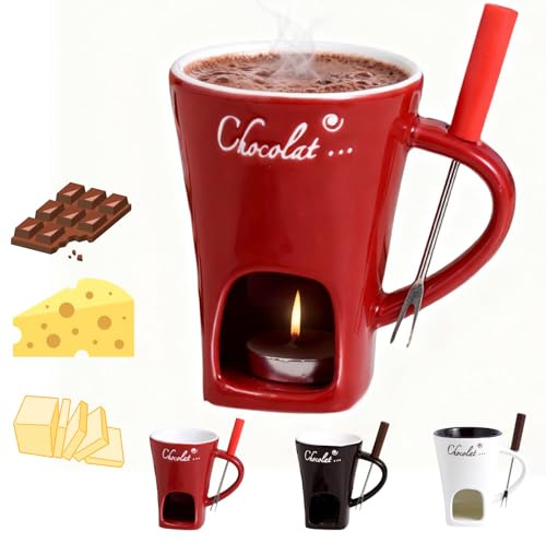Chocolate Fondue Mug, Chocolate Melting Cup with Forks, Melting Butter Mug Pot Set, Personal Cheese Melting Cup, Warmer Mug for Candy Snack Caramel Party (Red)