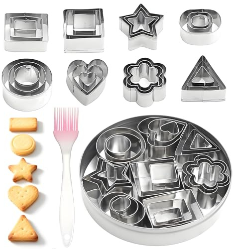 24 mini cortadores de galletas de acero inoxidable con pincel, 8 formas para niños, flores, fondant, cortadores de galletas, para hornear galletas para preparar galletas, galletas
